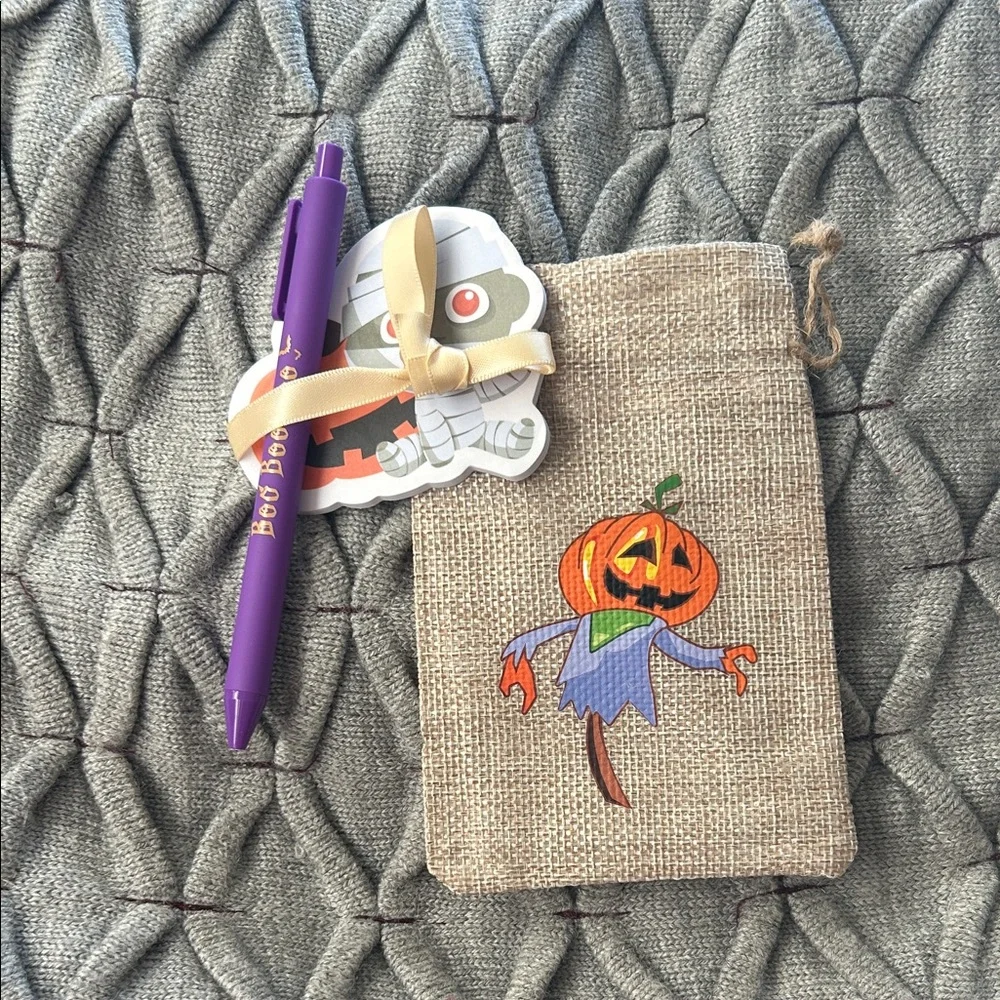 Halloween Burlap Gift Bags with Pens and Sticky Notes